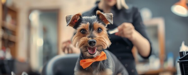 Adorable dog with an orange bow tie getting groomed at the pet salon, looking cheerful and well-groomed.