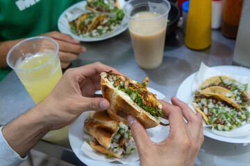 Delicious Mexican Torta de Carne de Pastor in a Vibrant Street Food Setting
