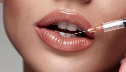 Naklejka premium Procedure lip augmentation, Cosmetologist does injection Lip filling close-up pic about a woman lips