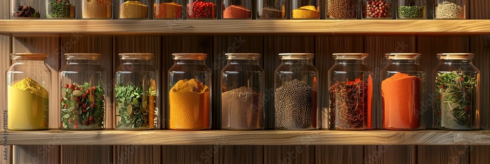 Poster a close-up shot of a wooden shelf filled with glass jars containing various spices. the jars are nea