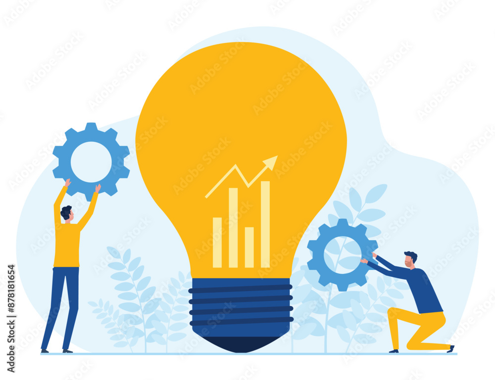 Poster Flat vector illustration business team meeting for brainstorming and business creative process and concept with two businessman hold gear beside lightbulb
