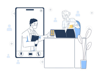 Elderly woman with telemedicine. Doctor consults patient online. Diagnosis and treatment, consultation on internet. Pensioner with prescription. Linear vector illustration isolated on white background