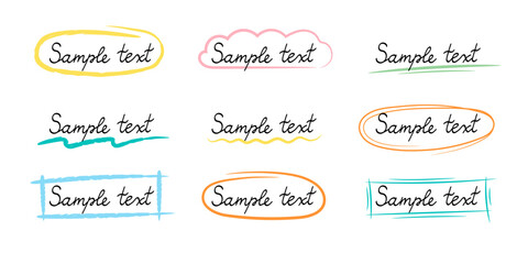 Hand drawn simple colorful frame set for text. Crayon color brush stroke pen line stroke scribble element.