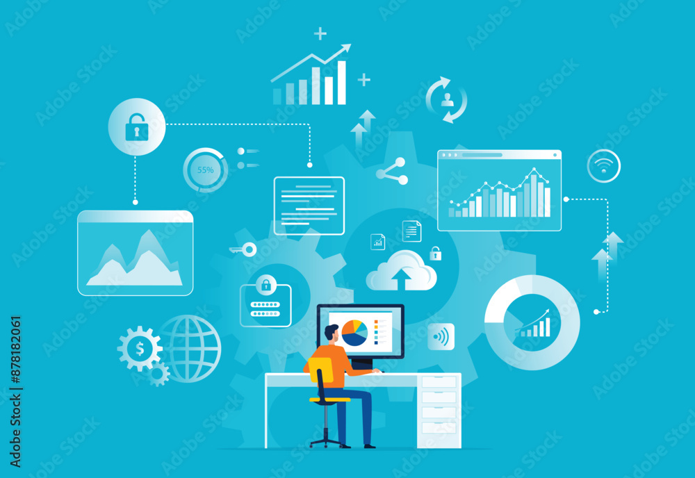Poster business finance analysis. flat vector illustration design data analytics research for business plan