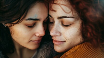 Close-up of two women sharing an intimate moment with eyes closed