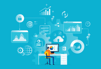 business finance analysis. flat vector illustration design data analytics research for business planning. and people on monitor report dashboard concept
