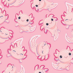 Seamless pattern with cute and happy baby axolotls on a pink background. Repeated surface vector design.