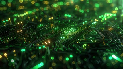 Obraz premium An artistic illustration of a computer with green circuit patterns, symbolizing the fusion of technology and nature.