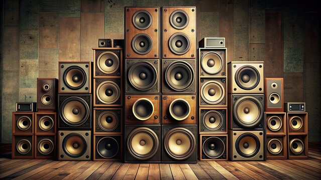 Vintage audio music speaker stacked in a neat arrangement , vintage, stack, audio, music, speaker, isolated, retro