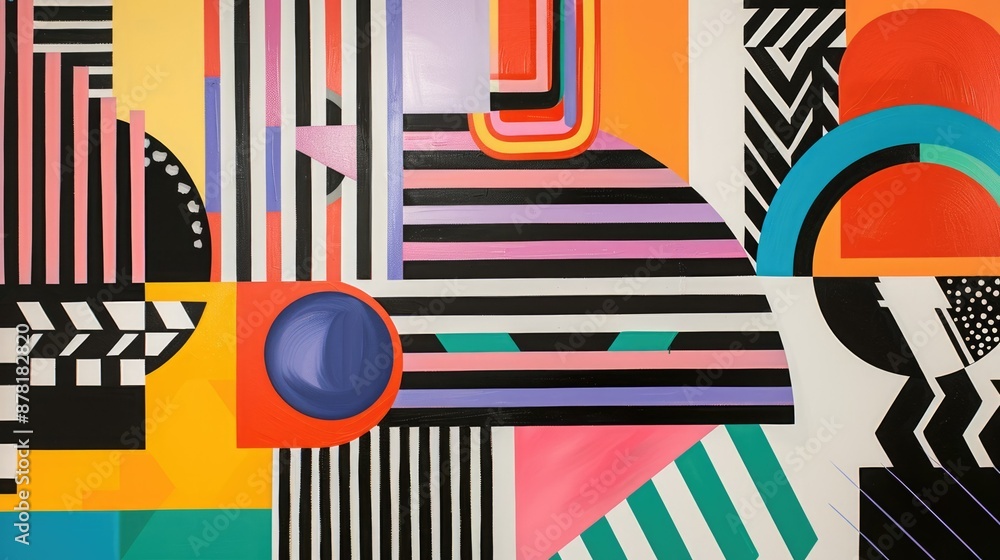 Aufkleber artwork with vibrant abstract shapes and circles in red, yellow, and blue, creating a dynamic and co