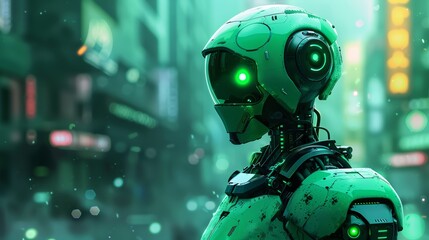 A futuristic illustration of a green robot with glowing eyes, representing the integration of AI technology in environmental conservation efforts.