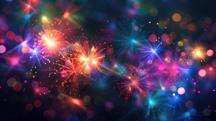 Fototapeta premium Lens flare with colorful fireworks on dark backdrop