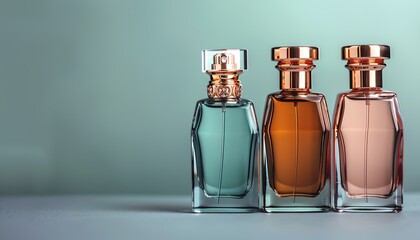 Fragrance bottles with commemorative designs in an elegant display, luxurious ambiance, deep depth of field, space for text