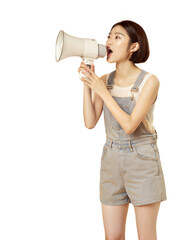 young asian woman talking with megaphone about latest news,  product advertising concept, isolated on white background, png format