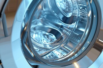 Modern washing machine with clean lines and geometric shapes, featuring chrome and glass elements, embodying a minimalist aesthetic.