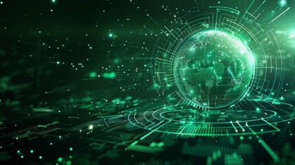 Fototapeta premium A futuristic green illustration of a digital globe with encryption algorithms swirling around it, symbolizing global data security.
