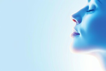 Serene profile of a woman with closed eyes against a soft blue background, highlighting peace and tranquility.