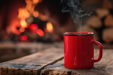 Warm Drink by Fireplace on Wooden Table