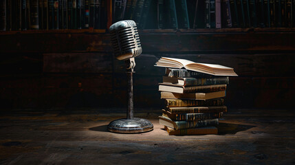 Verse in Spotlight: Poetry Books & Microphone on Stage
