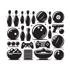 minimal Bowling sports equipment set collection silhouette vector