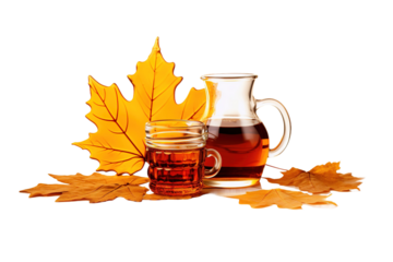 Serene Brew: A Pitcher of Tea Beside a Maple Leaf on White or PNG Transparent Background.