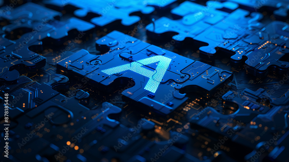 Poster abstract puzzle pieces futuristic background with circuit patterns,