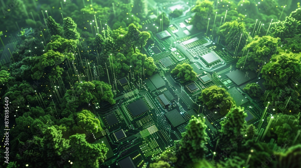Poster an imaginative illustration of a digital forest with green computer components, representing the fus