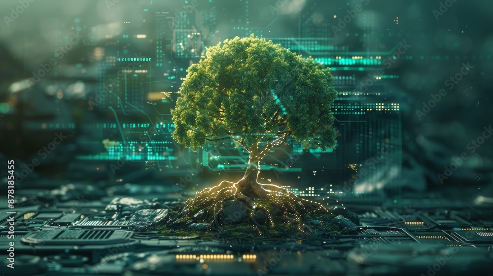 Poster a symbolic sketch of a tree growing from a digital display, representing the growth and development 