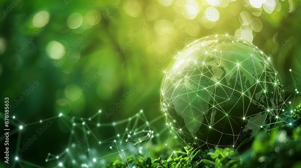 Aufkleber an abstract visual of a globe with interconnected green lines, depicting global connectivity and env