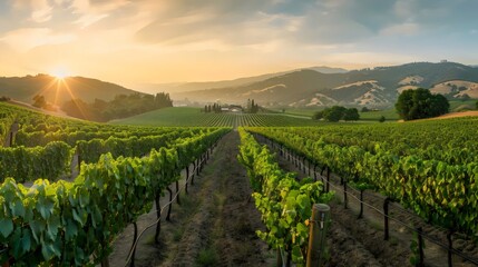 Fototapeta premium Sunlit vineyard at dawn, green vines stretch into the distance, rolling hills and scattered trees, clear sky with soft clouds, serene and picturesque scene.