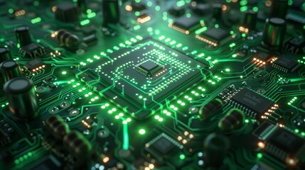 A vibrant illustration featuring a green circuit board design, symbolizing eco-friendly IT solutions and innovation.