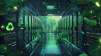 A detailed illustration of a server room with green energy icons, highlighting the use of sustainable practices in IT infrastructure.