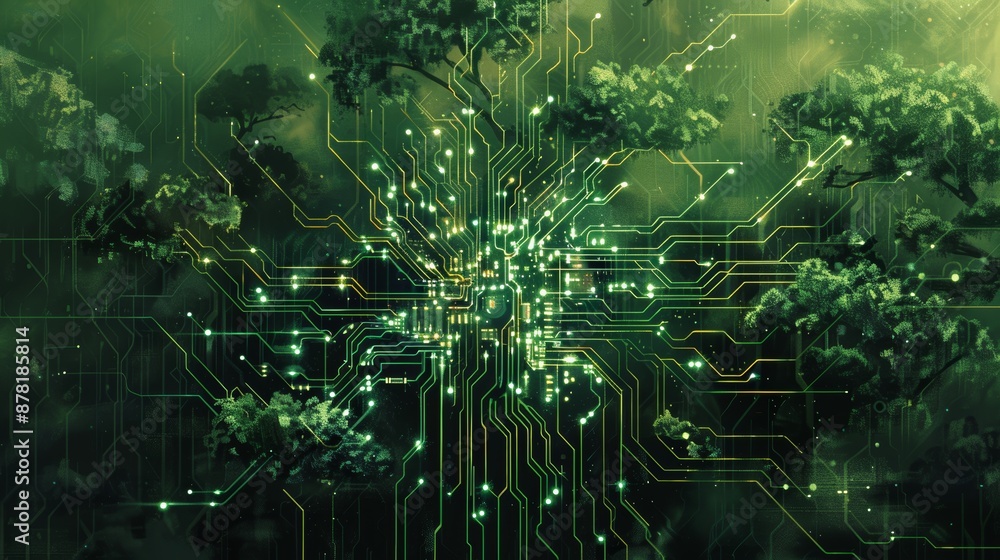 Poster an artistic drawing of a green circuit board, representing an eco-friendly approach to technology an