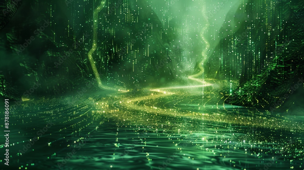 Poster an abstract illustration with a green background, showcasing a digital matrix of code flowing like a