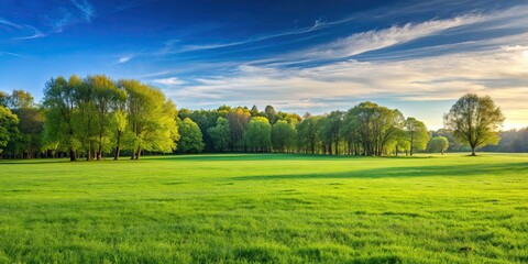 Naklejka premium Grassy field with trees in the background, nature, landscape, green, trees, meadow, peaceful, tranquil, scenery, foliage