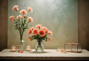 Set design with beautiful flowers in a jar, textured background, product modeling background