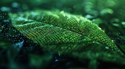 A conceptual illustration of a green binary code pattern forming the image of a leaf, emphasizing the connection between coding and the environment.