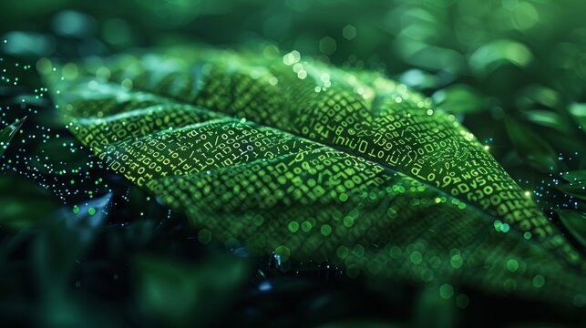A conceptual illustration of a green binary code pattern forming the image of a leaf, emphasizing the connection between coding and the environment.