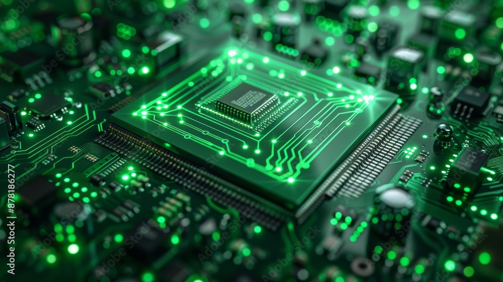 Poster a creative sketch of a green computer chip with flowing lines and algorithmic symbols, showcasing in