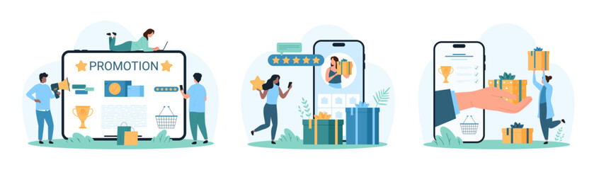 Loyalty program, and giveaway personalized product advertising set. Hand from phone screen holding gift box to give to tiny woman, contest with prizes from blogger cartoon vector illustration