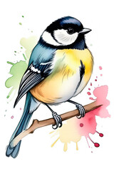 Obraz premium Hand-painted watercolor great tit on branch. Artistic image of animals and birds for design of zoological books, articles, postcard design and other printed publications