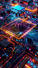 Fototapeta premium A vivid and detailed close-up of a futuristic circuit board, featuring neon glowing traces, intricate connections, and microchips, highlighting advanced digital technology.