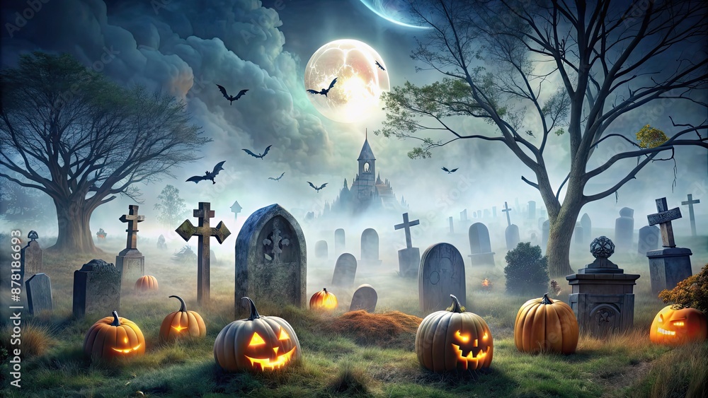 Wall mural Spooky Halloween graveyard filled with ghosts and goblins, halloween, cemetery, ghosts, goblins, spooky, scary, eerie, haunted