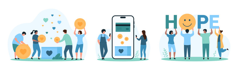 Charity, love and support of community set. Tiny people donate hearts gifts in donation box, give money with phone mobile app, volunteers with letters of Hope word cartoon vector illustration