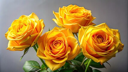 Close-up of four vibrant yellow roses on a plain background, roses, flowers, yellow, freshness, petals, beauty, close-up, nature