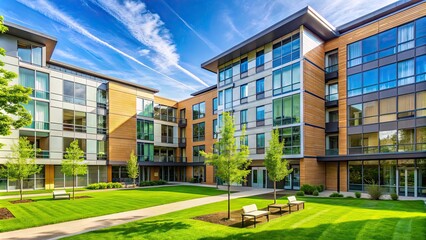 Modern student residence hall on a college campus with glass windows and green landscaping, Torgersen Hall