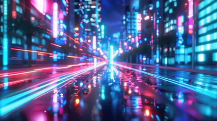 A modern city street with neon signs and cars background