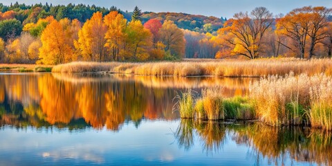 Fototapeta premium Tranquil wetlands in late autumn, with dried grasses and colorful foliage reflected in still water