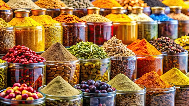 An assortment of oriental spices such as turmeric, cardamom, and cumin displayed in decorative jars on a market stall