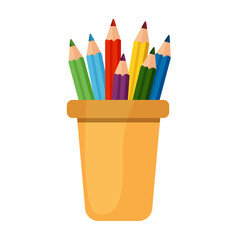 Colored pencils in a glass for office, school, study. Yellow glass. Flat vector illustration isolated on white background